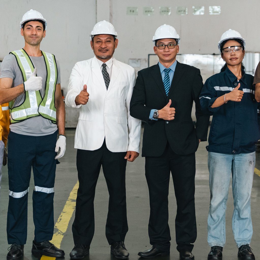 Cuatro trabajadores con casco blanco, dos de ellos con traje, posan con el pulgar arriba en la nave de una fábrica, correduría de seguro Madrid