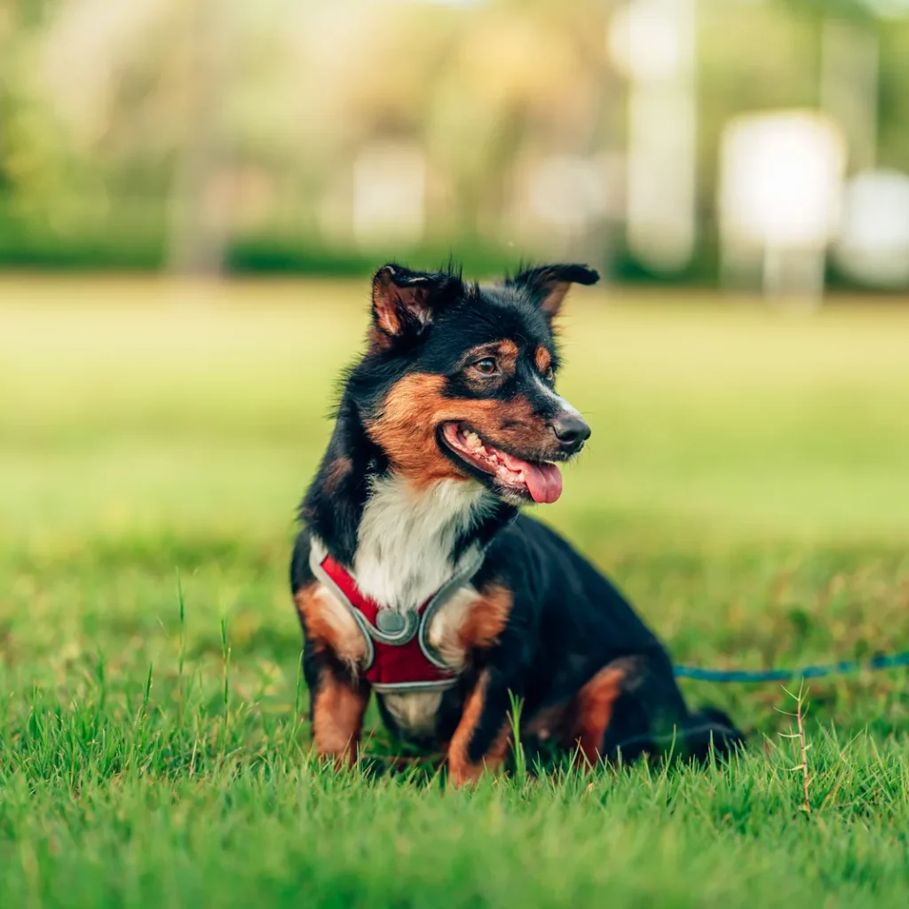 Cuánto cuesta un seguro de perro en Madrid: perro mestizo con arnés rojo sentado en el césped de un parque