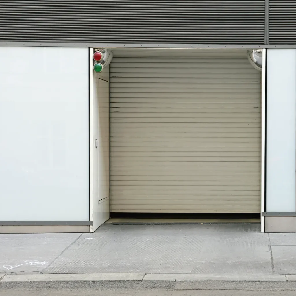 Presupuesto del seguro de comercio en Madrid: persiana metálica cerrada en una fachada a pie de calle junto a una puerta